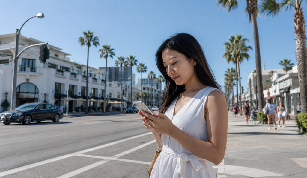 サンタモニカの通りでスマホの地図を見る女性