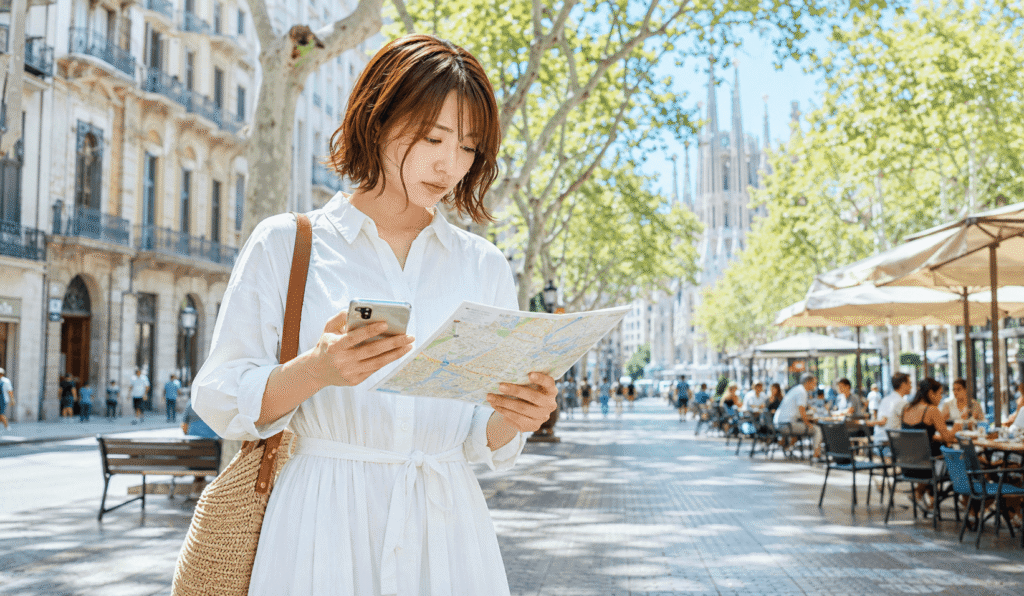 A woman comparing areas of Barcelona on a map.