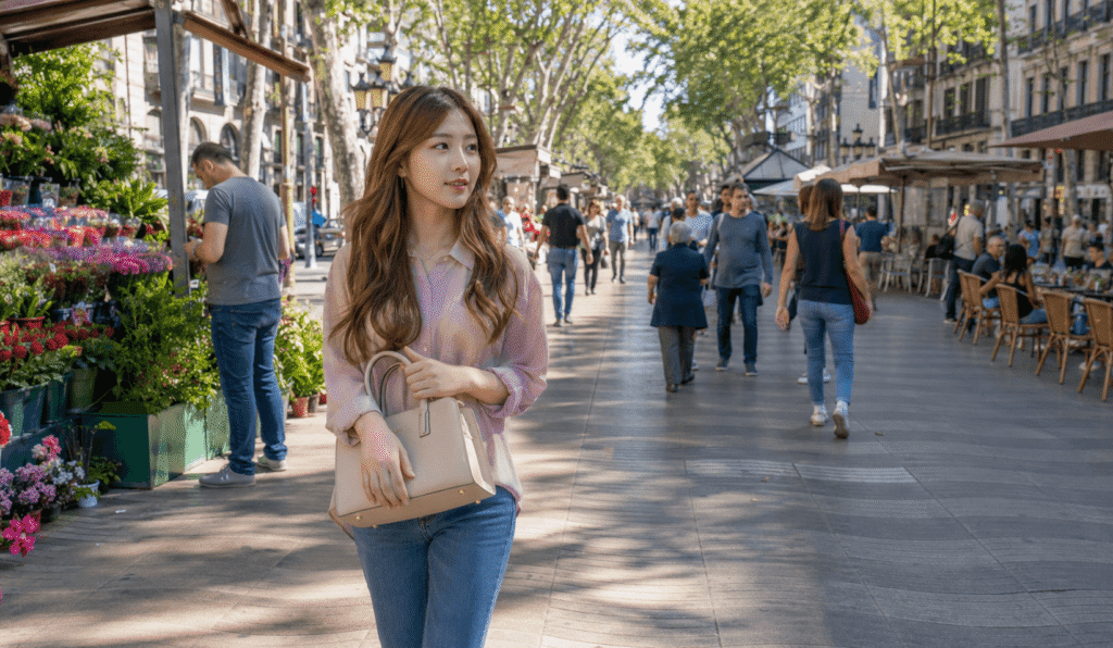 A woman strolling along Las Ramblas in Barcelona.