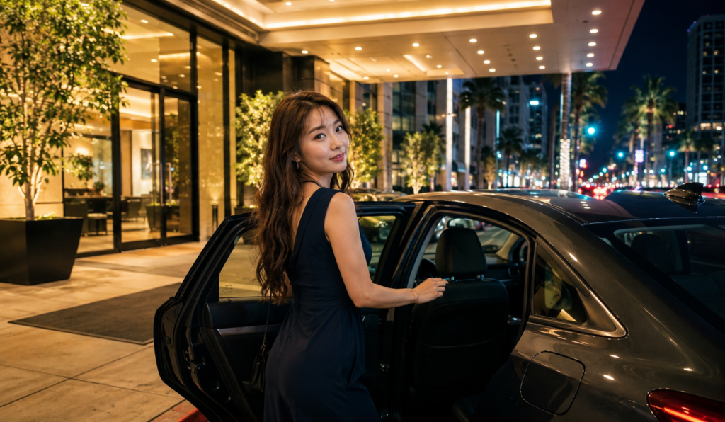 夜、ロサンゼルスのホテル前で配車の車に乗る女性