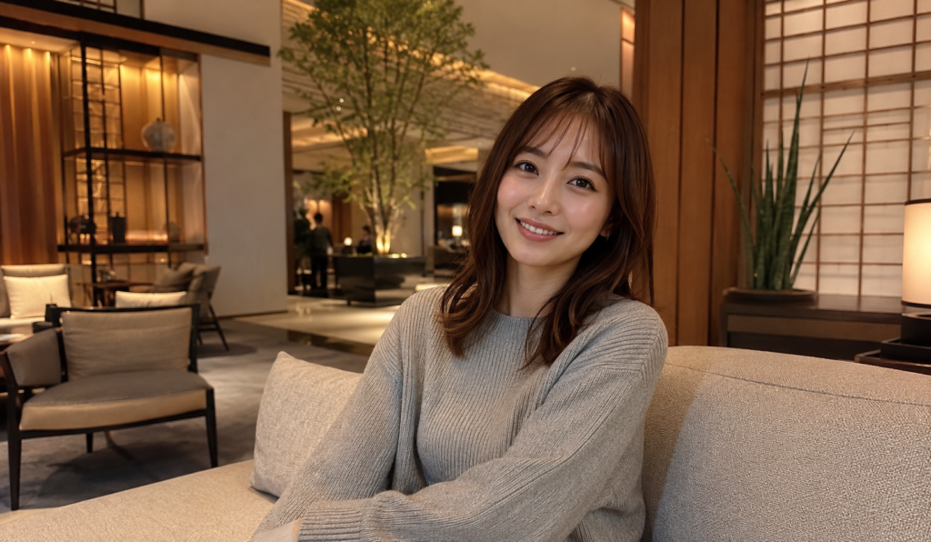 ロサンゼルスの日系ホテルのロビーでくつろぐ女性