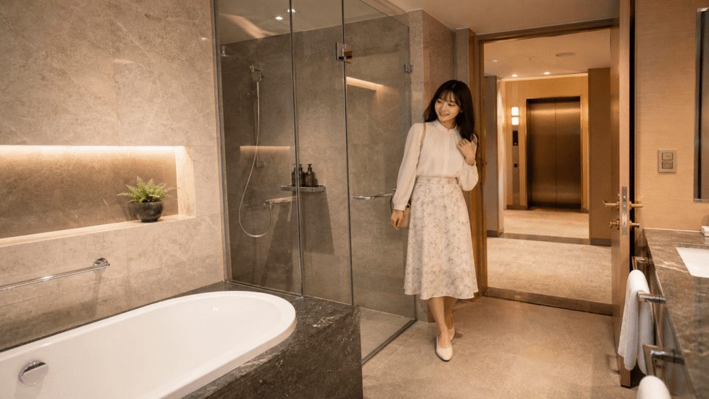 Check the bathtub, shower, and elevator.
