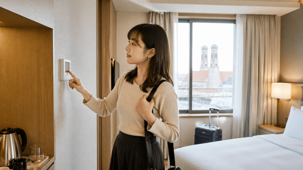 Check the air conditioning and room amenities.