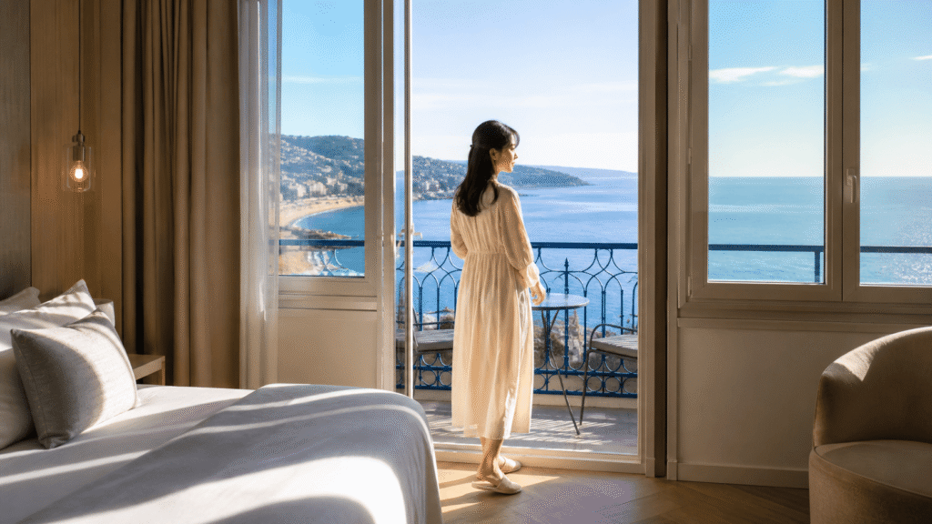 Distinguish between the view from the balcony and the view from the window.