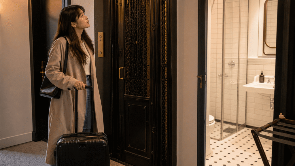 Elevator, plumbing facilities, and luggage storage