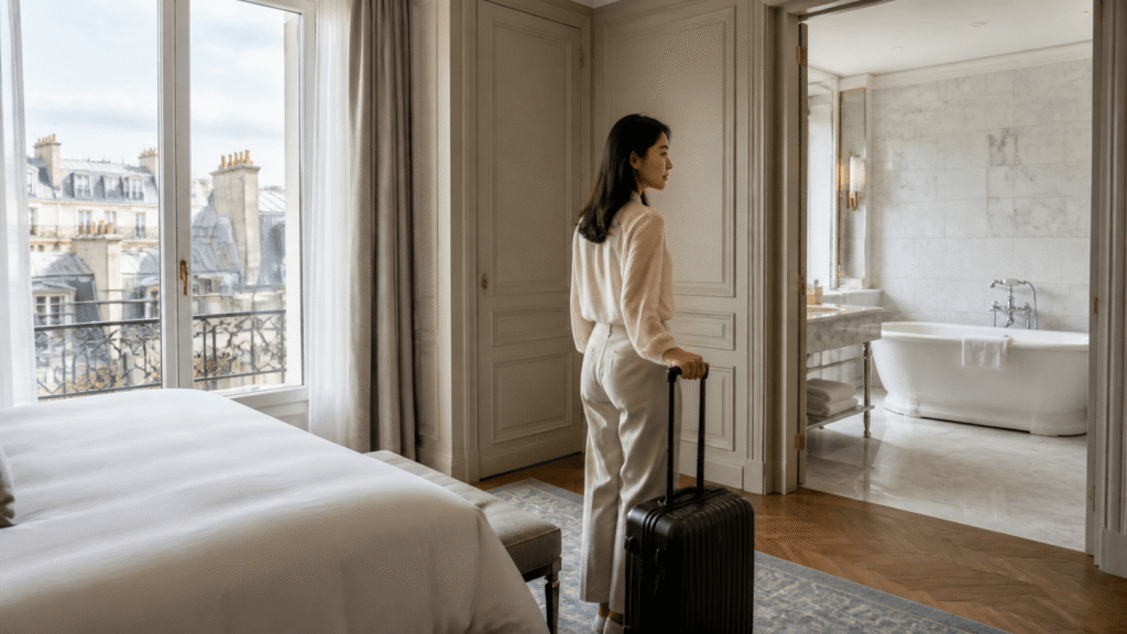 Guest room size, view, and bathtub