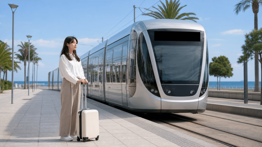 Travel from the airport on Tram Line 2.