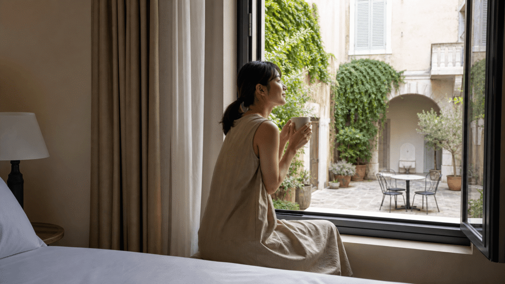 Check the guest rooms facing the city or the courtyard.