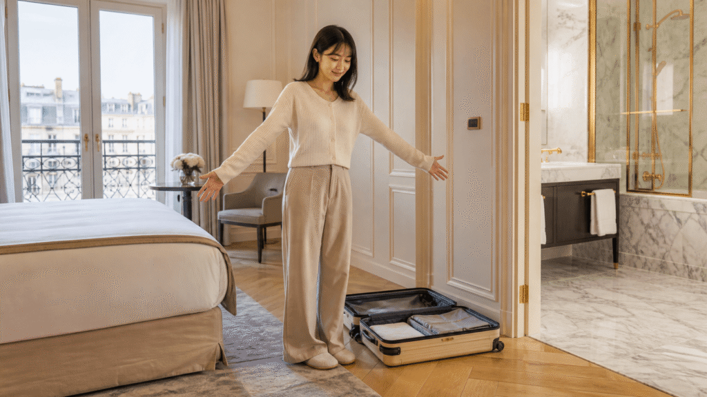 Guest room size, bed, and bathroom
