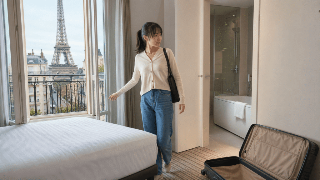 Check the size of the guest room, the bed, and the bathroom.