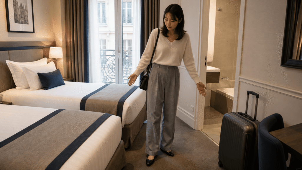 Check room size, beds, and bathroom.