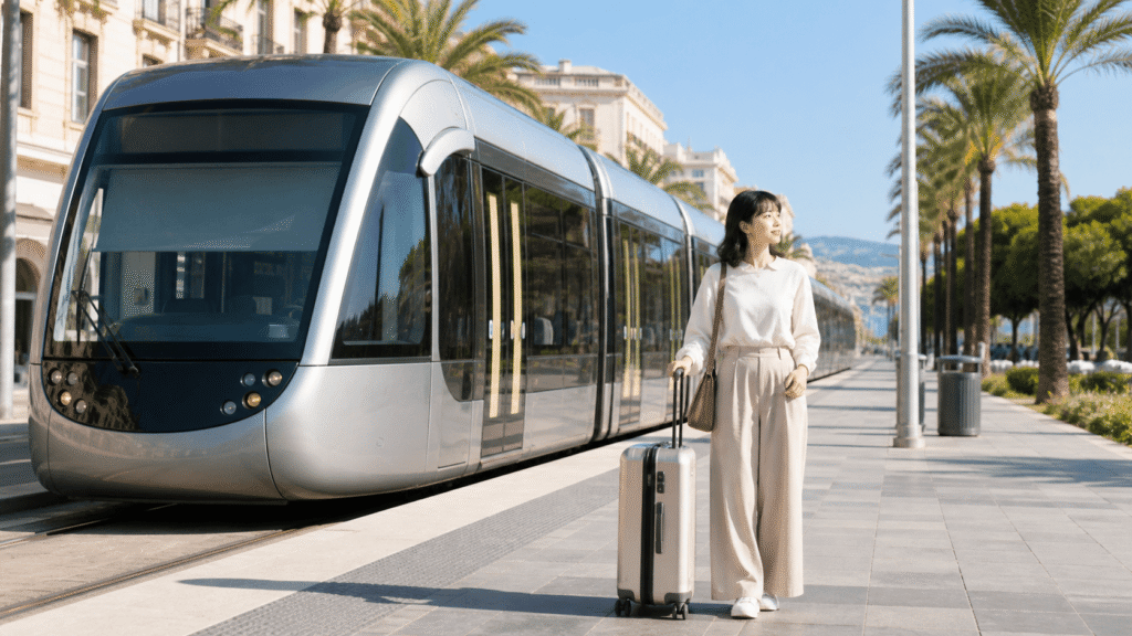 Travel from the airport on Tram Line 2.