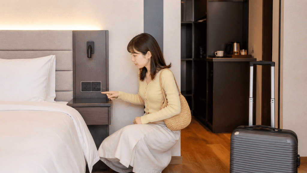 Check the air conditioning and room amenities.