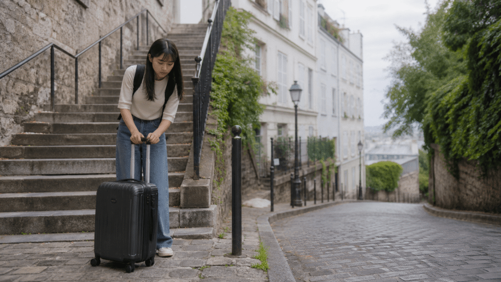 Considering slopes, stairs, and moving luggage.