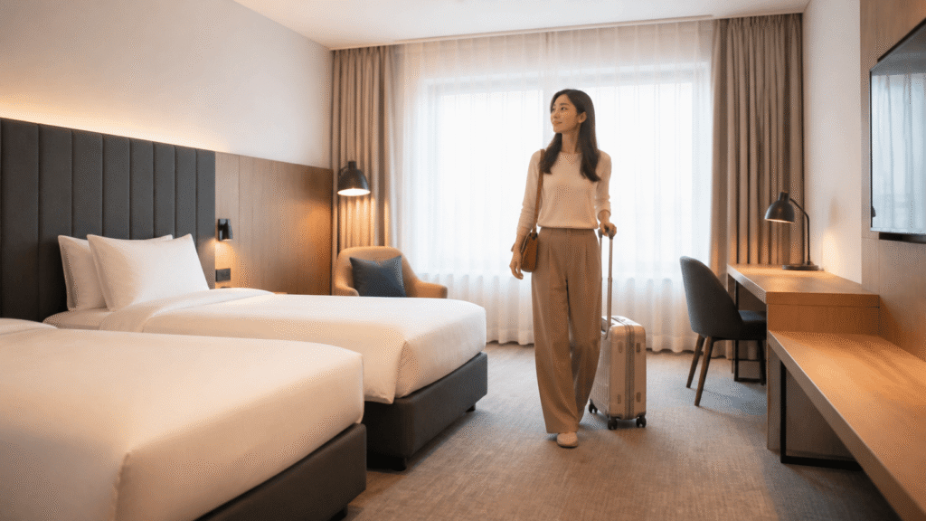 Check the size of the guest room and the bed configuration.