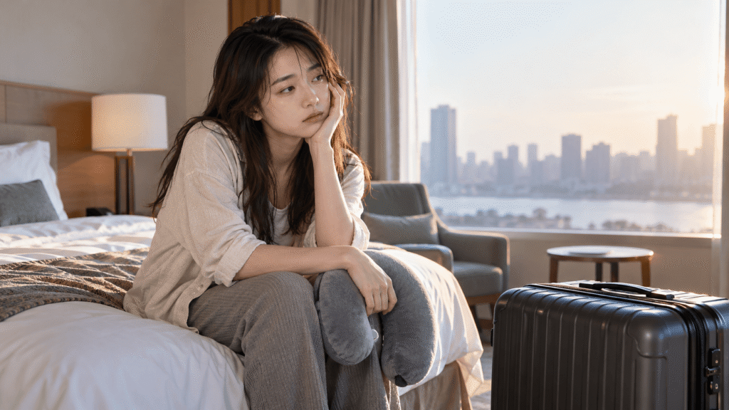 眠れないと到着日がつらい